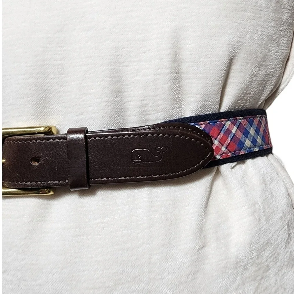 Vineyard Vines Belt Mens 32 Multicolor Plaid Canvas Leather Trim USA‎ Preppy